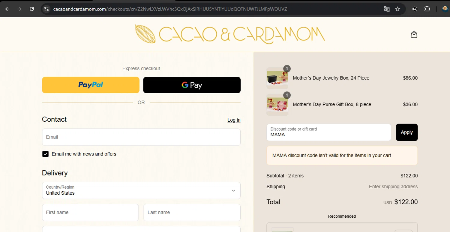 Cacao and Cardamom discount code screenshot showing code MAMA applied at Cacao and Cardamom checkout page. Uploaded by SimplyCodes community member RoyalSpotter5217 on May 5, 2025