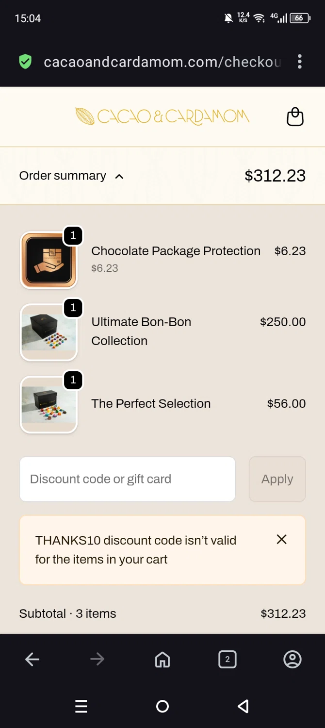 Cacao and Cardamom discount code screenshot showing code Thanks10 applied at Cacao and Cardamom checkout page. Uploaded by SimplyCodes community member Olivatle37 on Jan 9, 2026