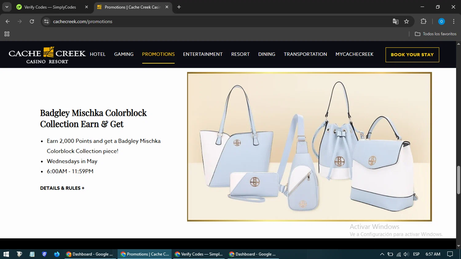 Cache Creek Casino Resort promo code screenshot showing code HOLIDAY applied at Cache Creek Casino Resort checkout page. Uploaded by SimplyCodes community member GoldHunter9818 on Apr 26, 2025