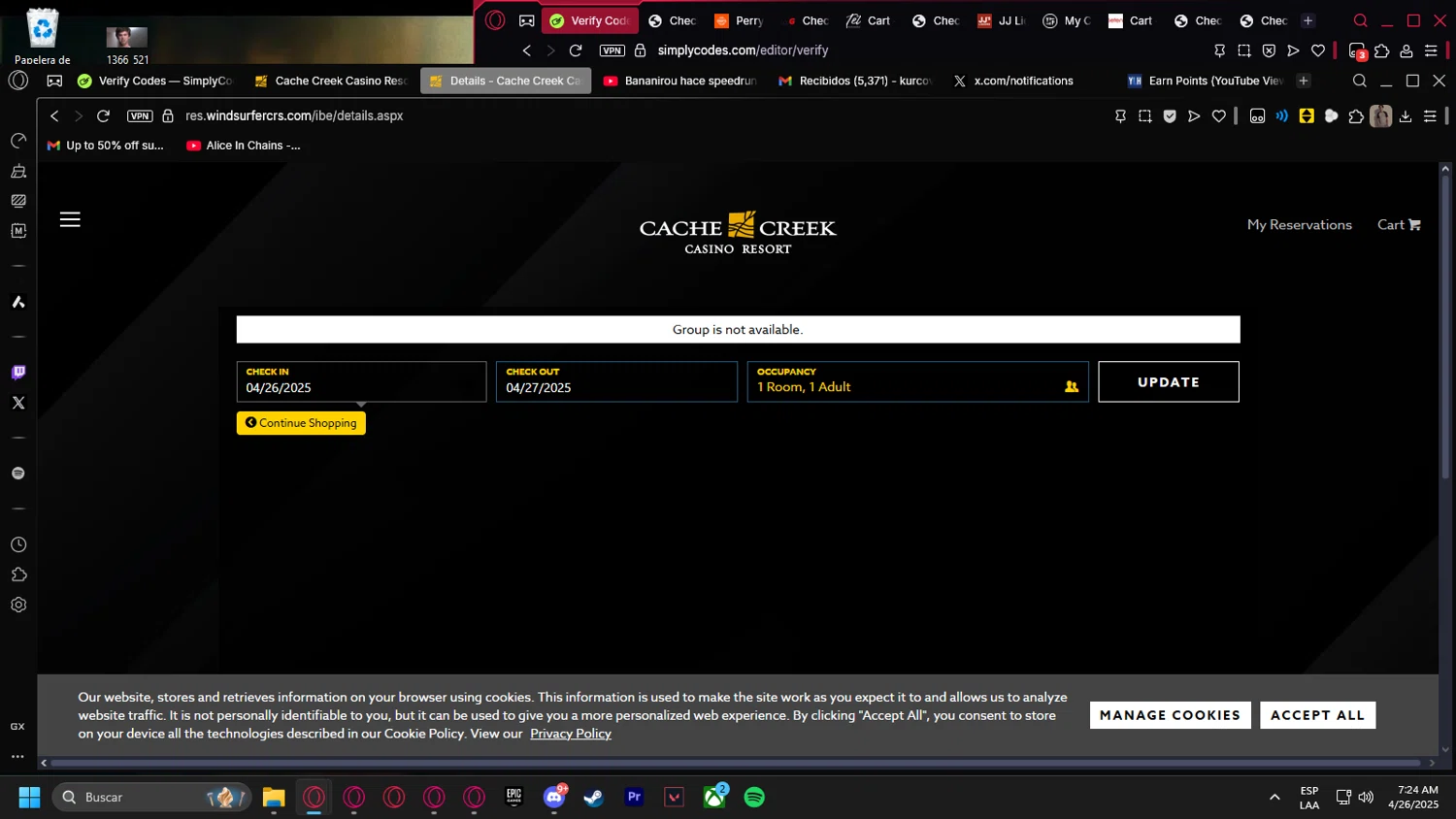 Cache Creek Casino Resort promo code screenshot showing code HOLIDAY applied at Cache Creek Casino Resort checkout page. Uploaded by SimplyCodes community member kurcovein on Apr 26, 2025