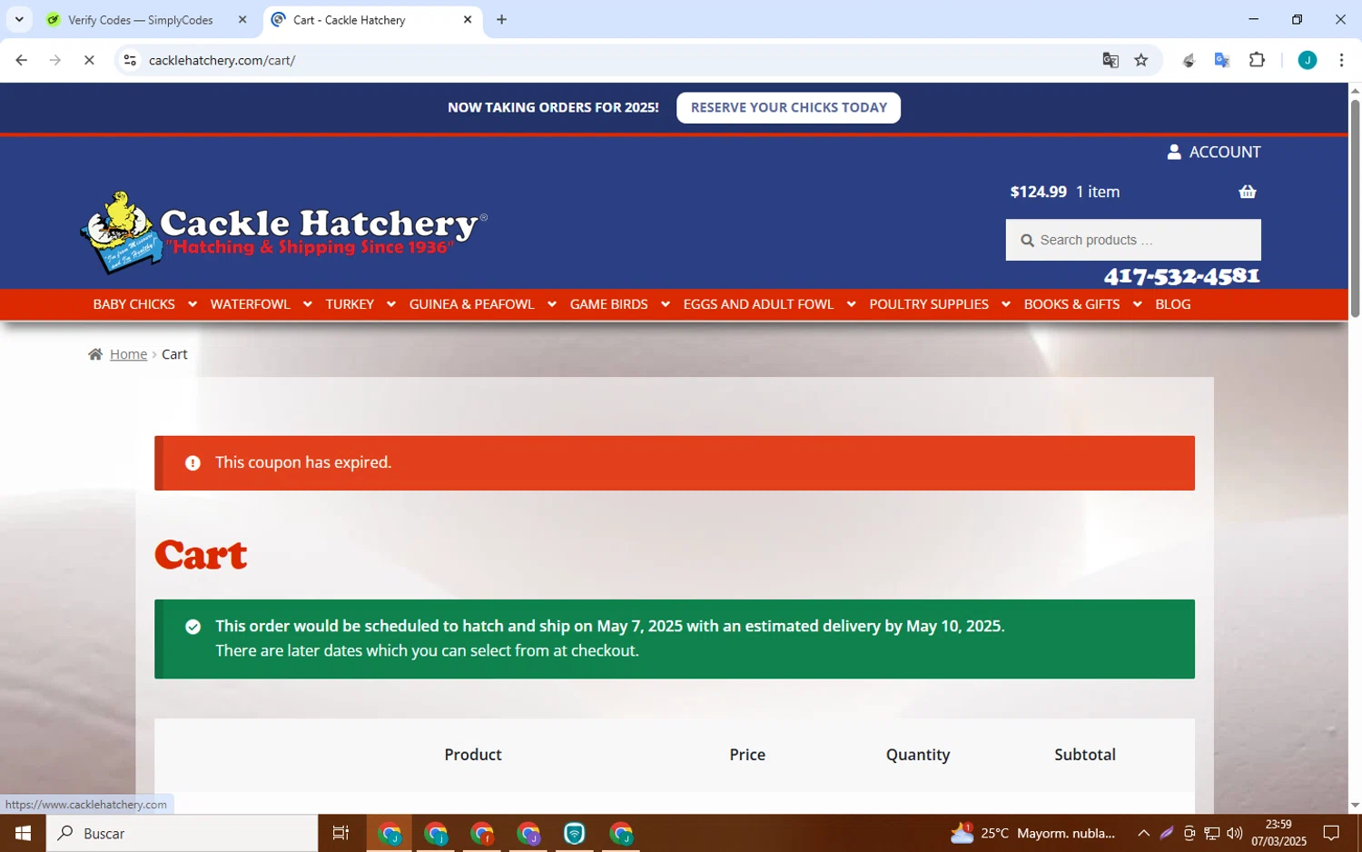 Cackle Hatchery discount code screenshot showing code HATCH0717 applied at Cackle Hatchery checkout page. Uploaded by SimplyCodes community member collug_2_0 on Mar 8, 2025