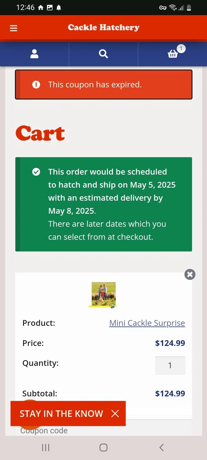 Cackle Hatchery discount code screenshot showing code HATCH0717 applied at Cackle Hatchery checkout page. Uploaded by SimplyCodes community member tulioriera on Mar 4, 2025