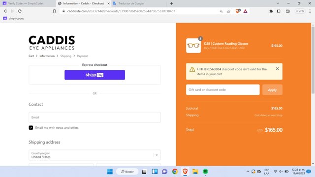 Caddis Eye Appliances checkout page showing Caddis Eye Appliances discount code box | Screenshot taken by SimplyCodes community member on Jun 16, 2023
