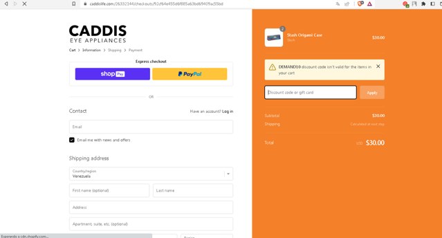 Caddis Eye Appliances checkout page showing Caddis Eye Appliances discount code box | Screenshot taken by SimplyCodes community member on Oct 8, 2023