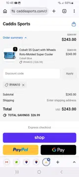 RYAN10 coupon verification screenshot