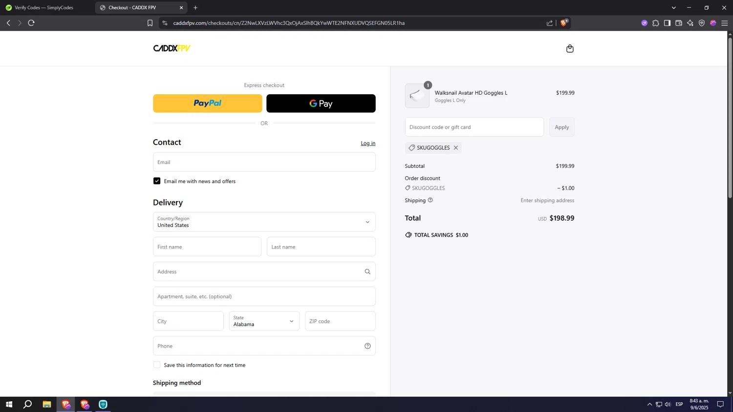 CADDX FPV discount code screenshot showing code SKUGOGGLES applied at CADDX FPV checkout page. Uploaded by SimplyCodes community member Machi005 on Jun 9, 2025