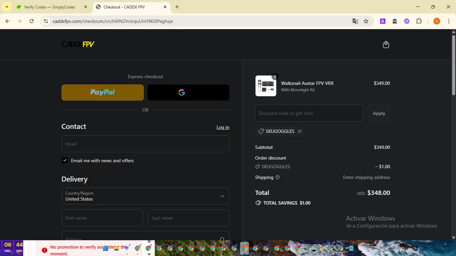 CADDX FPV discount code screenshot showing code SKUGOGGLES applied at CADDX FPV checkout page. Uploaded by SimplyCodes community member SavingsMaverick3203 on Sep 2, 2025