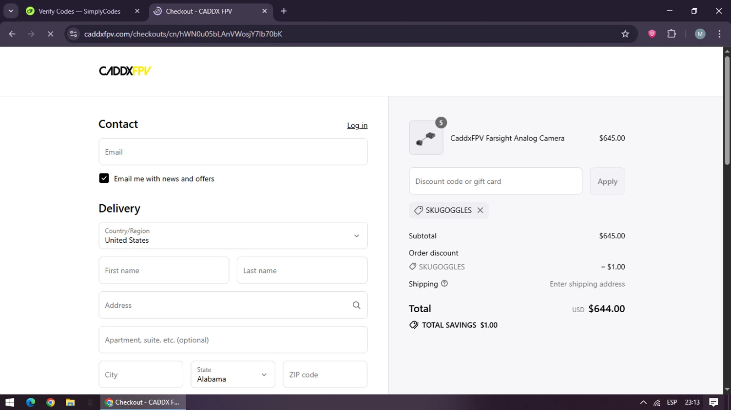 CADDX FPV discount code screenshot showing code SKUGOGGLES applied at CADDX FPV checkout page. Uploaded by SimplyCodes community member maraxo on Jul 22, 2025