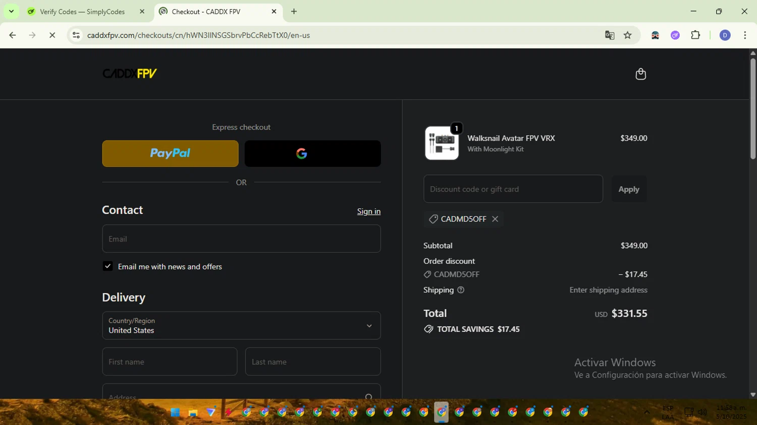 CADDX FPV discount code screenshot showing code CADMD5OFF applied at CADDX FPV checkout page. Uploaded by SimplyCodes community member VoucherTitan8325 on Oct 5, 2025