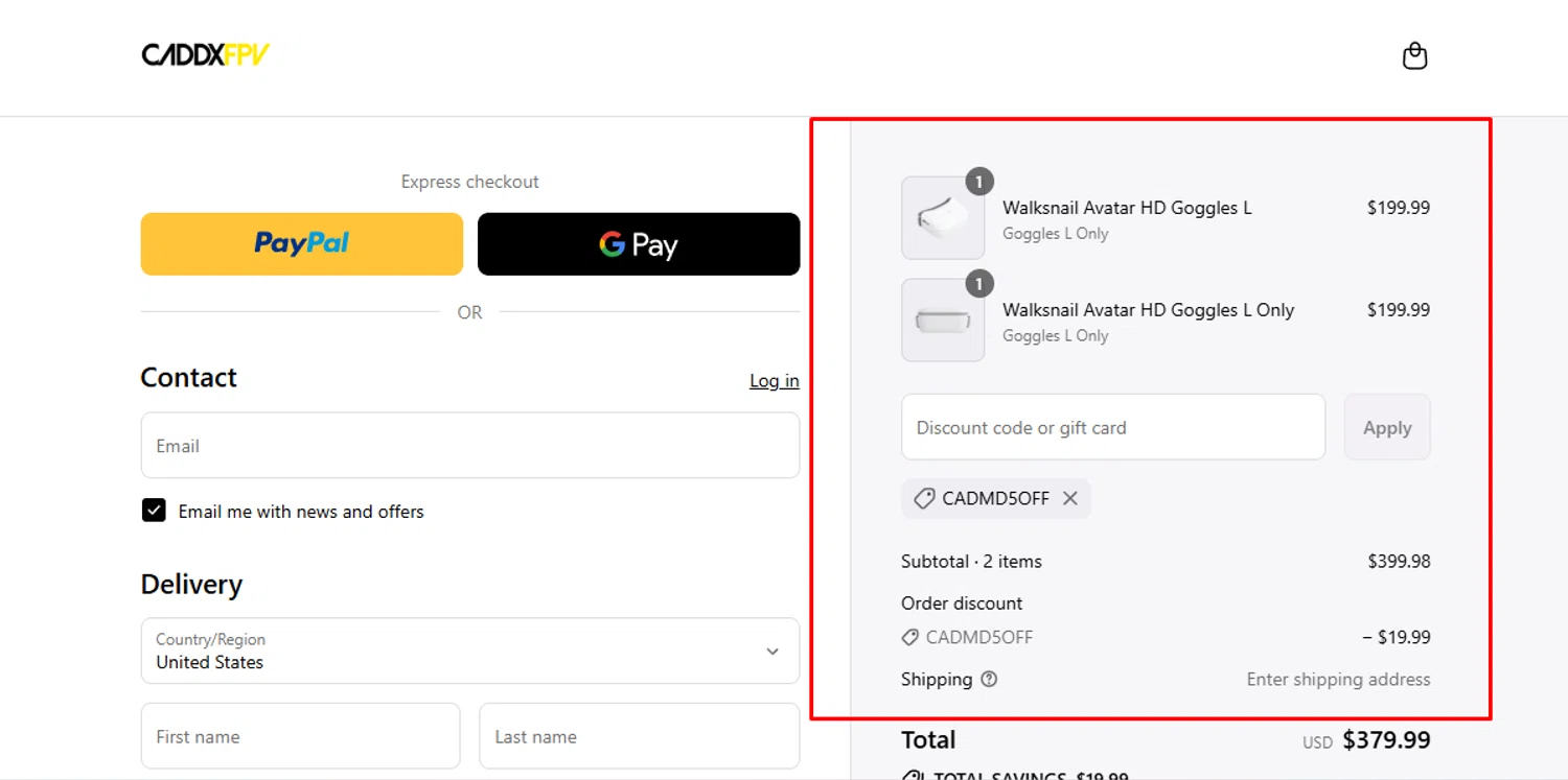 CADDX FPV discount code screenshot showing code CADMD5OFF applied at CADDX FPV checkout page. Uploaded by SimplyCodes community member Swiftdealz on Aug 19, 2025