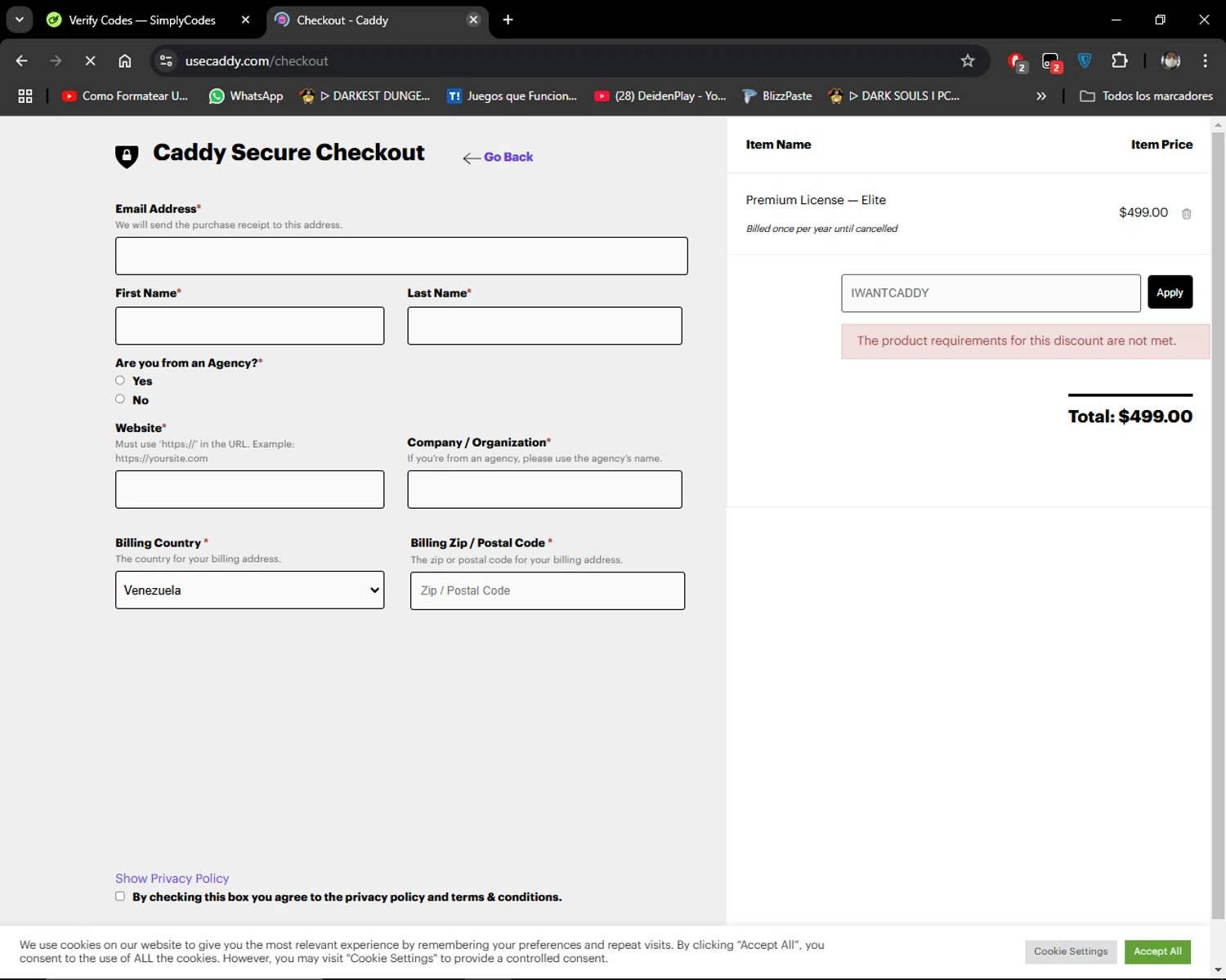 Caddy checkout page showing Caddy discount code box | Screenshot taken by SimplyCodes community member on Jan 10, 2025