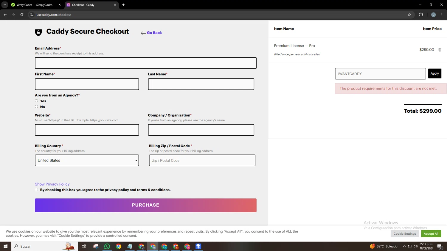 Caddy checkout page showing Caddy discount code box | Screenshot taken by SimplyCodes community member on Sep 18, 2024