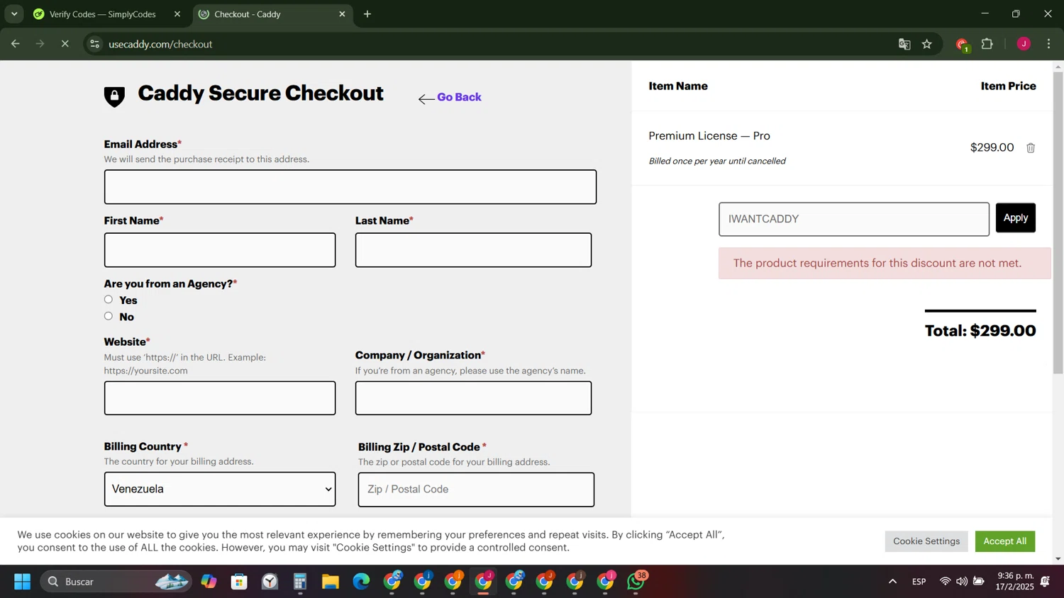 Caddy discount code screenshot showing code IWANTCADDY applied at Caddy checkout page. Uploaded by SimplyCodes community member FrugalFinder745 on Feb 18, 2025