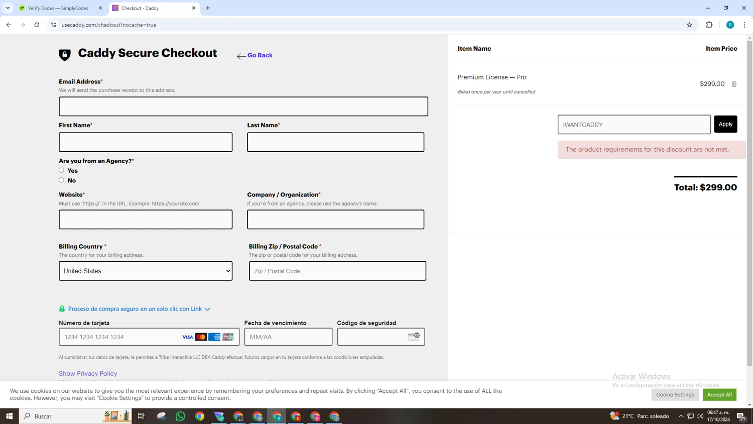 Caddy checkout page showing Caddy discount code box | Screenshot taken by SimplyCodes community member on Oct 17, 2024