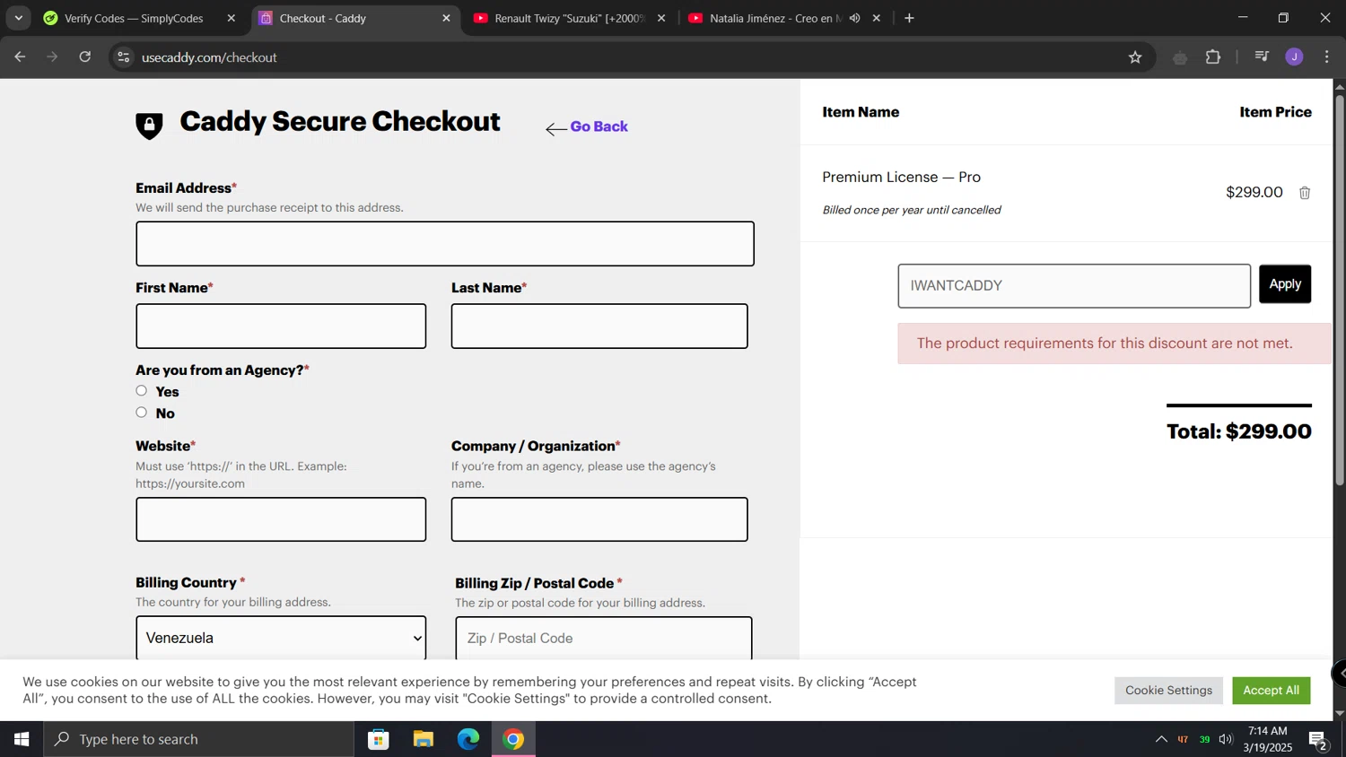 Caddy discount code screenshot showing code IWANTCADDY applied at Caddy checkout page. Uploaded by SimplyCodes community member lunita on Mar 19, 2025