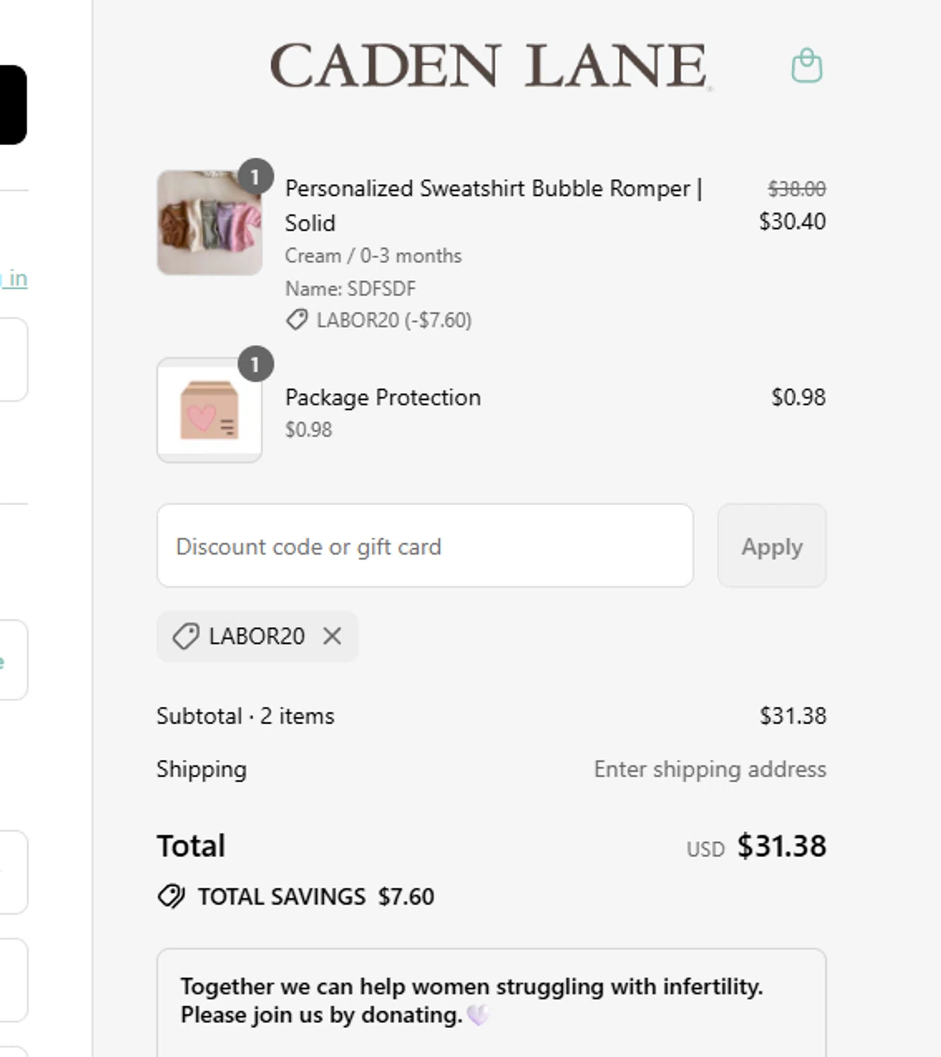 Caden Lane discount code screenshot showing code LABOR20 applied at Caden Lane checkout page. Uploaded by SimplyCodes community member abundancia on Aug 27, 2025