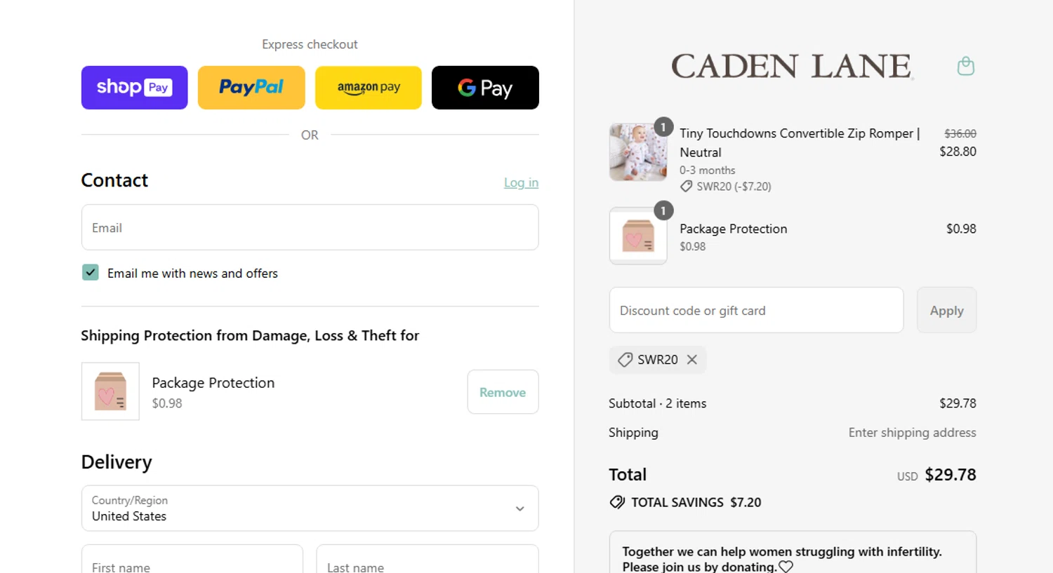 Caden Lane discount code screenshot showing code SWR20 applied at Caden Lane checkout page. Uploaded by SimplyCodes community member shark12 on Aug 22, 2025