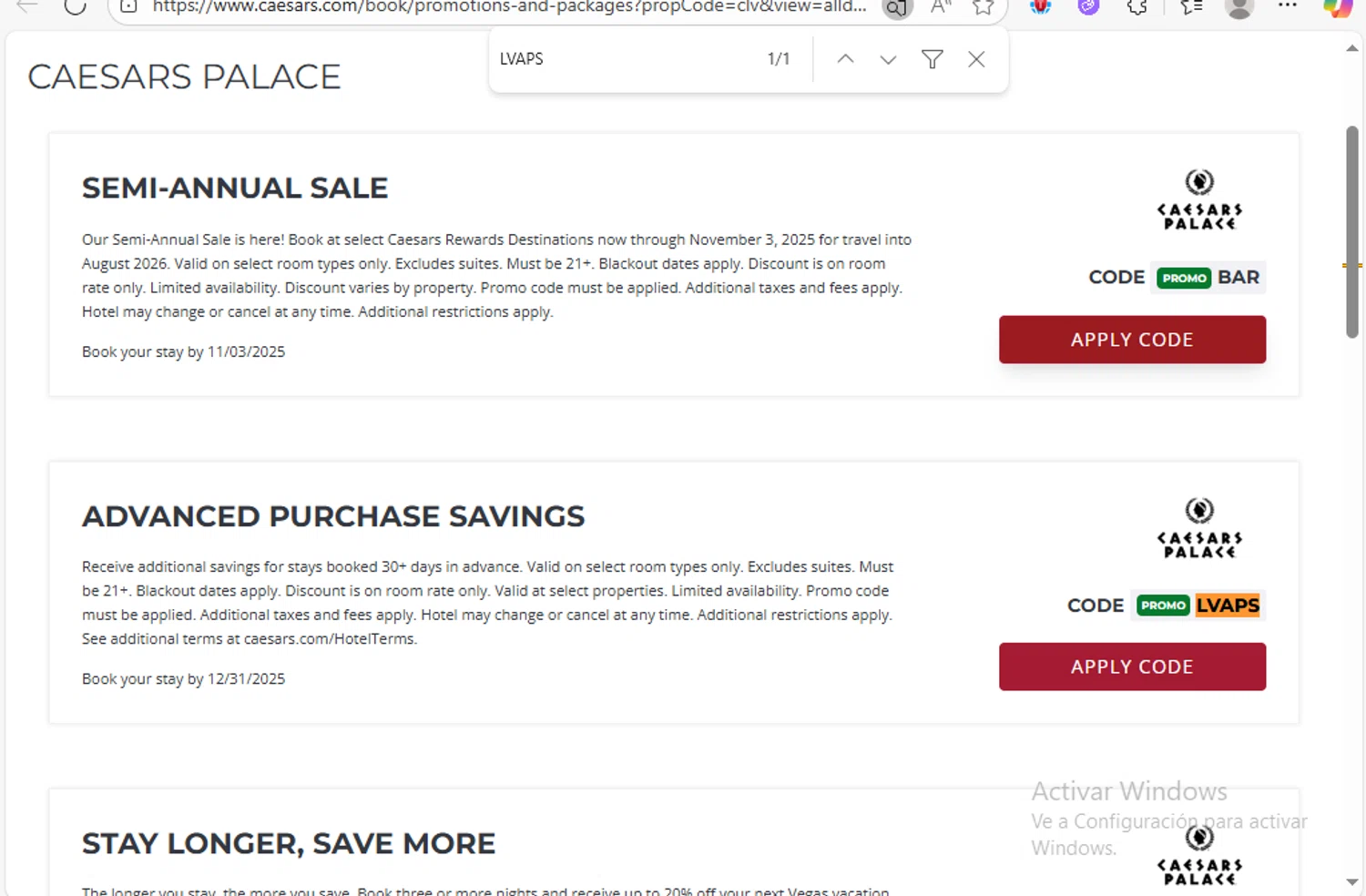 Caesars Rewards promo code screenshot showing code LVAPS applied at Caesars Rewards checkout page. Uploaded by SimplyCodes community member Franco20 on Sep 12, 2025
