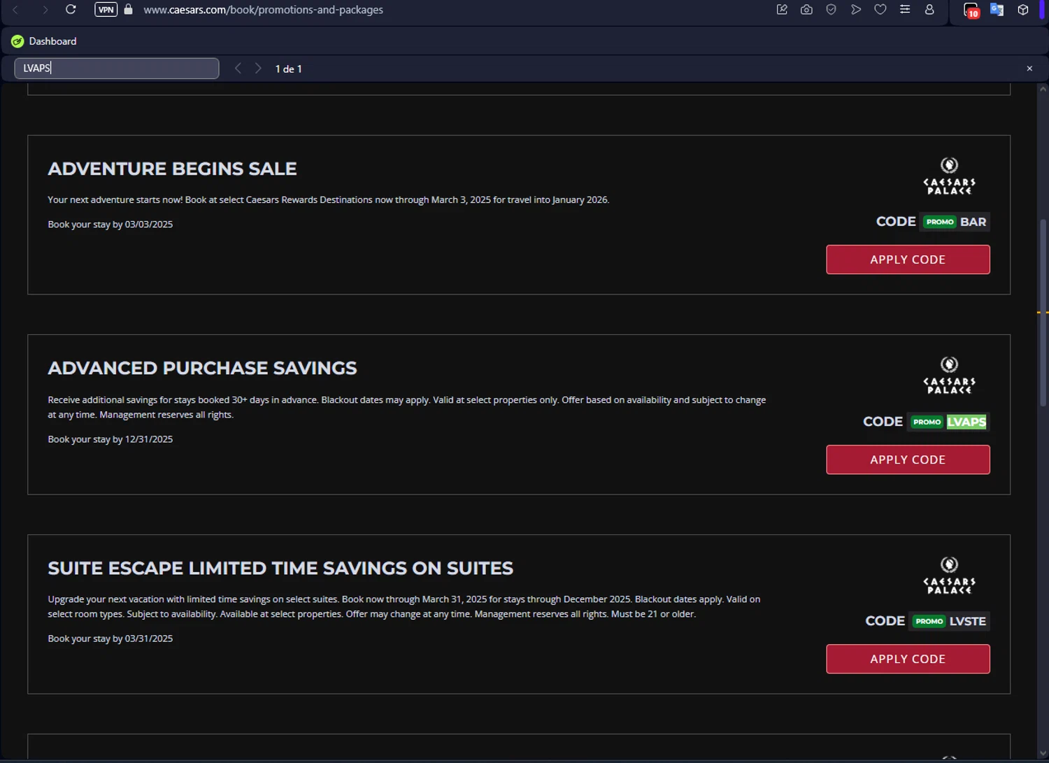 Caesars Rewards promo code screenshot showing code LVAPS applied at Caesars Rewards checkout page. Uploaded by SimplyCodes community member ScanEagle7415 on Feb 24, 2025
