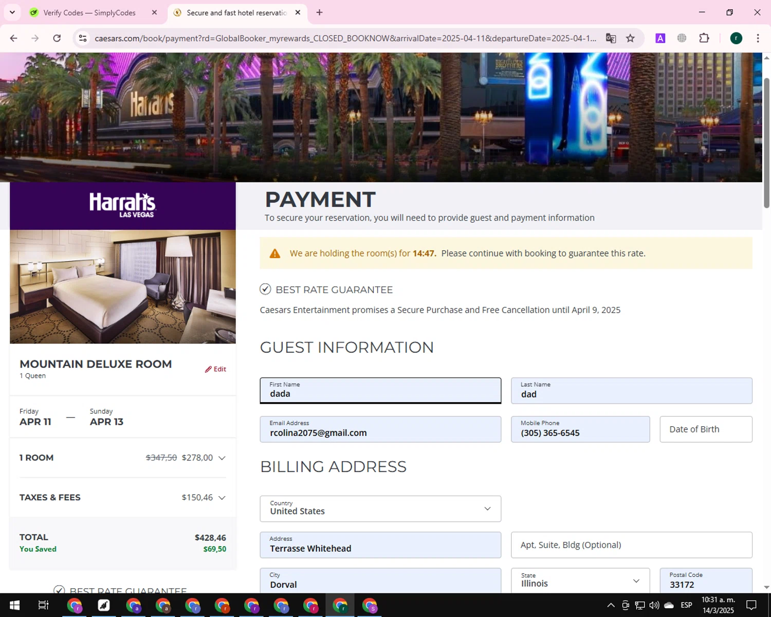 Caesars Rewards promo code screenshot showing code Bar applied at Caesars Rewards checkout page. Uploaded by SimplyCodes community member BrilliantSleuth9299 on Mar 14, 2025