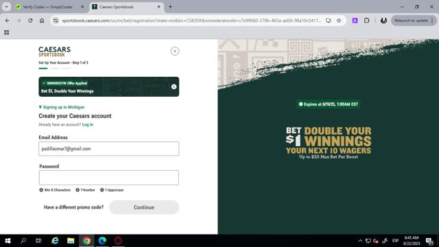 Caesars Rewards checkout page showing Caesars Rewards promo code box | Screenshot taken by SimplyCodes community member on Aug 22, 2025