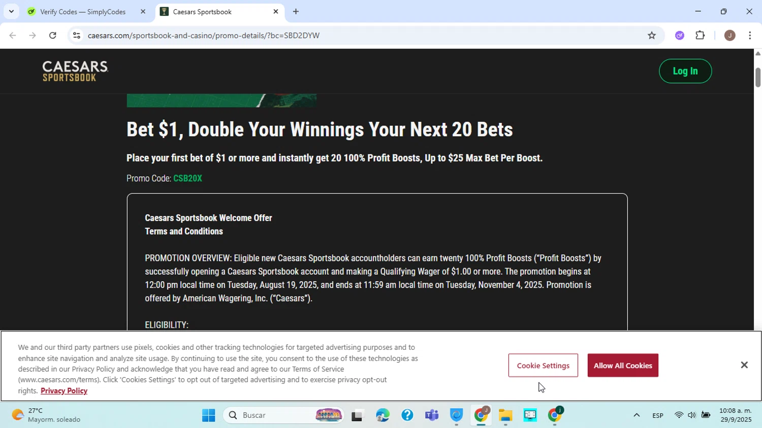 Caesars Rewards promo code screenshot showing code SBD2DYW applied at Caesars Rewards checkout page. Uploaded by SimplyCodes community member ABHF23 on Sep 29, 2025