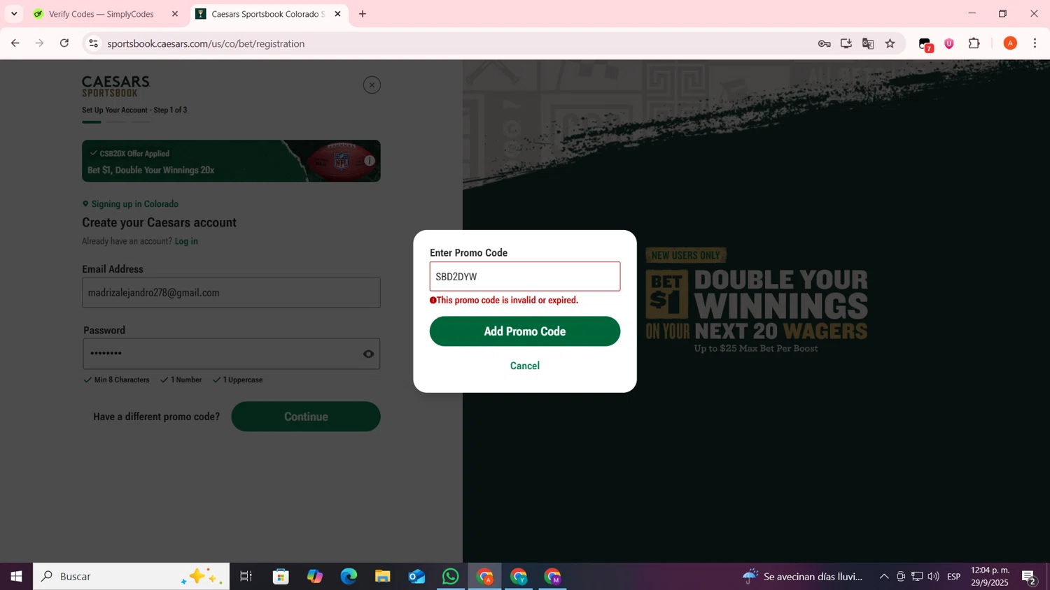 Caesars Rewards promo code screenshot showing code SBD2DYW applied at Caesars Rewards checkout page. Uploaded by SimplyCodes community member FrugalSentinel6206 on Sep 29, 2025