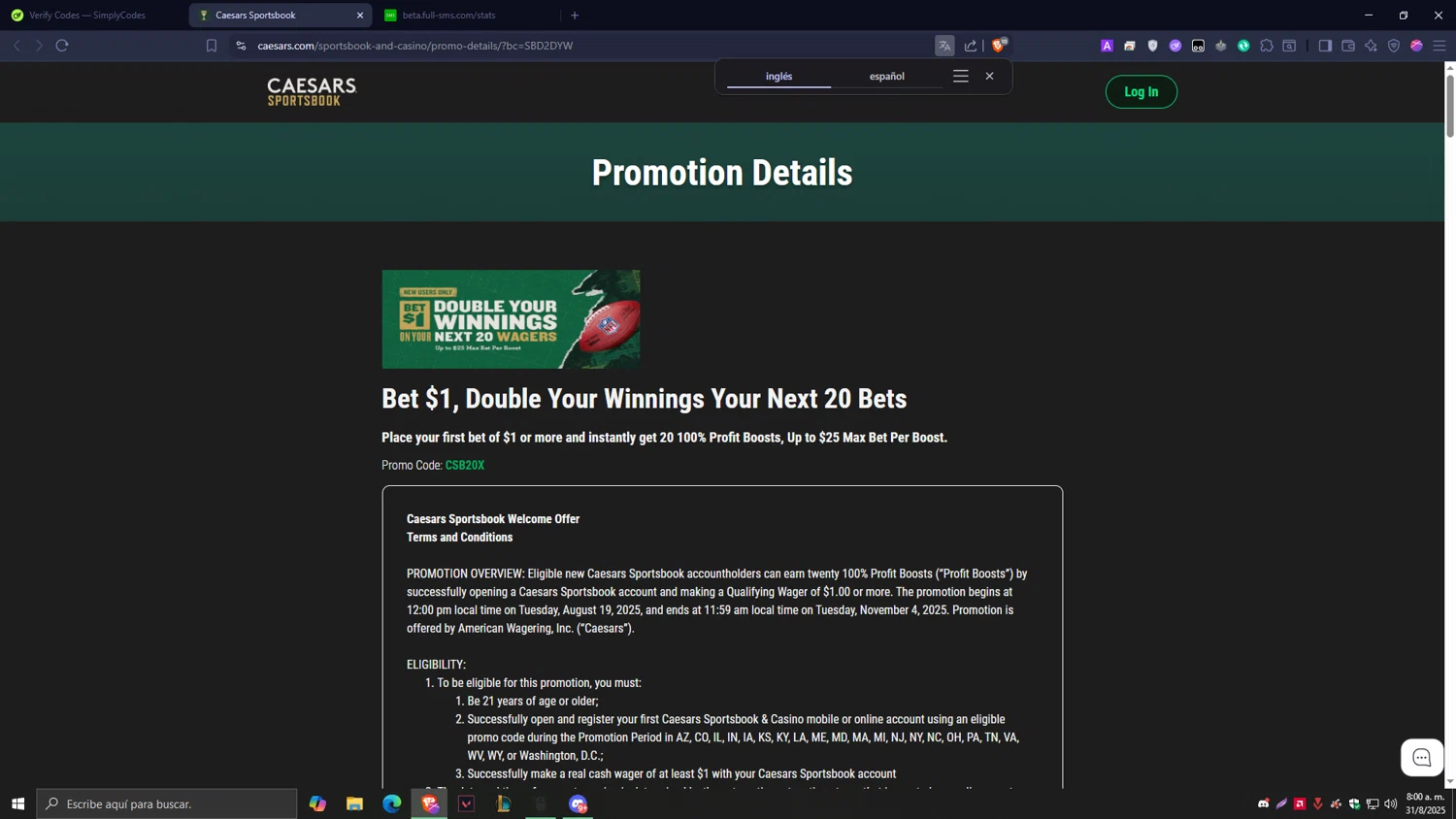 Caesars Rewards promo code screenshot showing code SBD2DYW applied at Caesars Rewards checkout page. Uploaded by SimplyCodes community member Tragedy on Aug 31, 2025