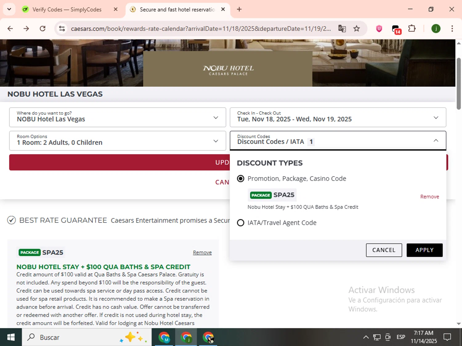 Caesars Rewards checkout page showing Caesars Rewards promo code box | Screenshot taken by SimplyCodes community member on Nov 14, 2025