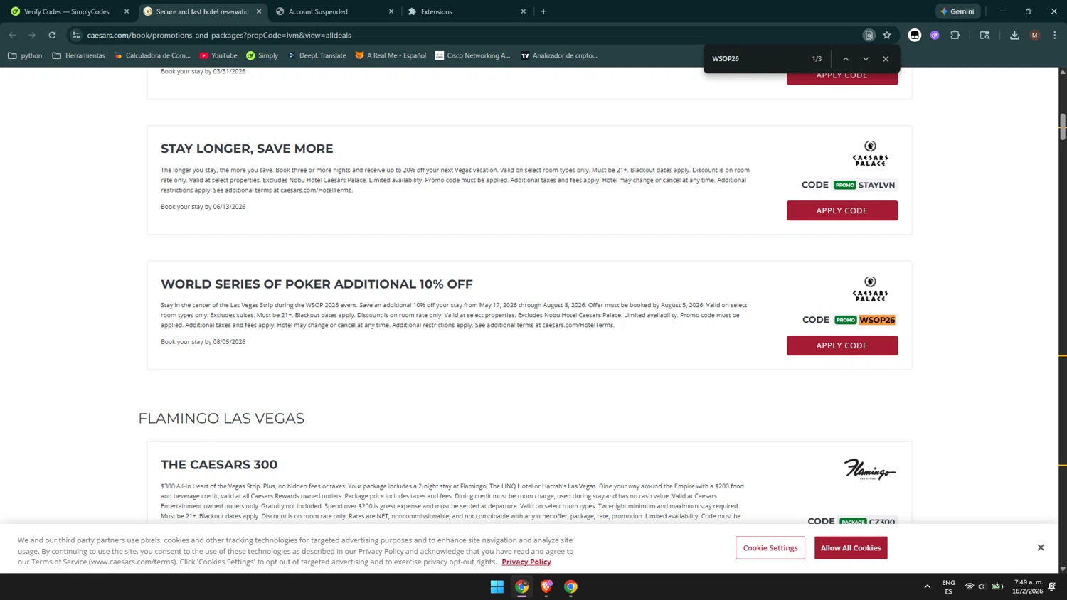 Caesars Rewards promo code screenshot showing code WSOP26 applied at Caesars Rewards checkout page. Uploaded by SimplyCodes community member Maocar on Feb 16, 2026