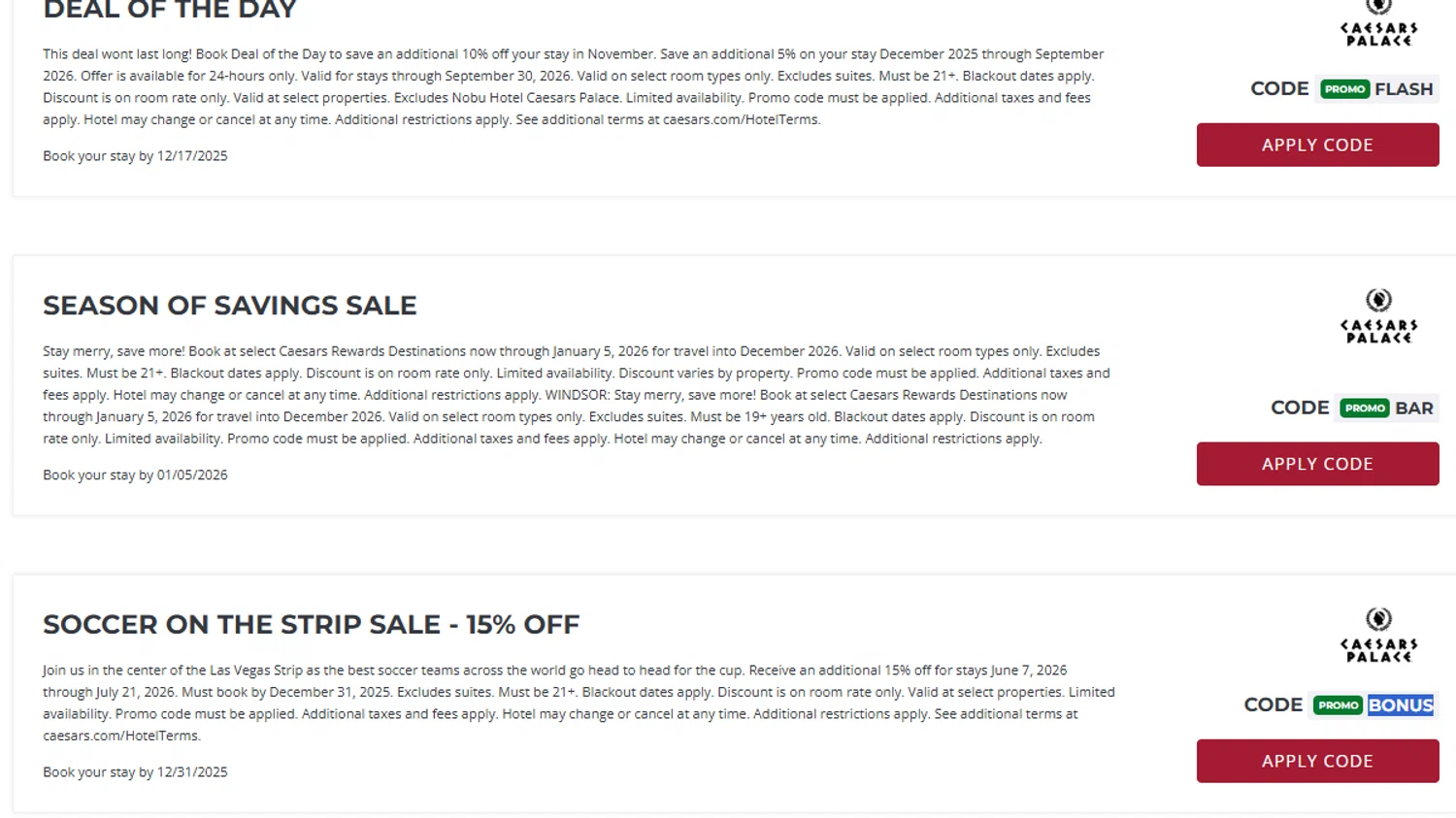 Caesars Rewards promo code screenshot showing code BONUS applied at Caesars Rewards checkout page. Uploaded by SimplyCodes community member Dejadepicharme on Dec 16, 2025