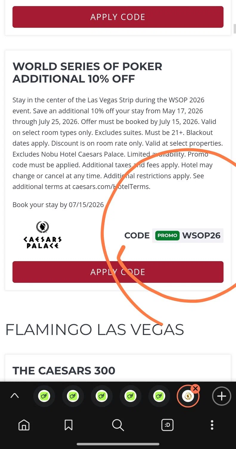 Caesars Rewards promo code screenshot showing code WSOP26 applied at Caesars Rewards checkout page. Uploaded by SimplyCodes community member Dejadepicharme on Jan 18, 2026