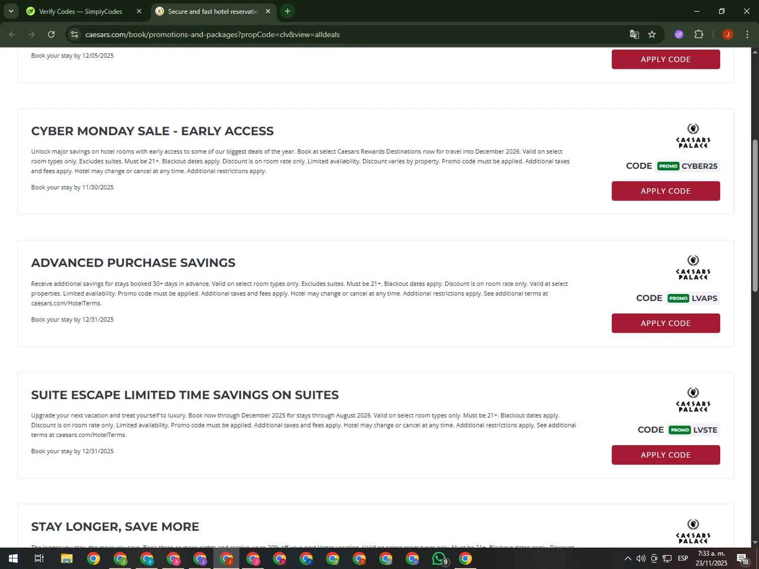 Caesars Rewards: Shows & Attractions promo code screenshot showing code Lvaps applied at Caesars Rewards: Shows & Attractions checkout page. Uploaded by SimplyCodes community member KimDokja on Nov 23, 2025
