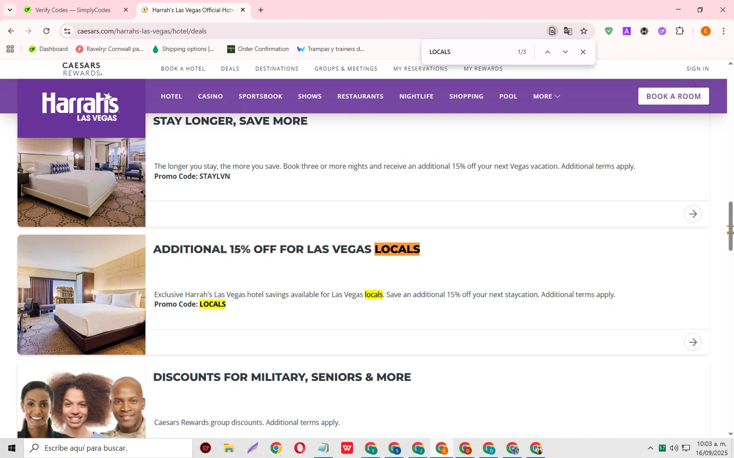 Caesars Rewards: Shows & Attractions promo code screenshot showing code LOCALS applied at Caesars Rewards: Shows & Attractions checkout page. Uploaded by SimplyCodes community member RewardFalcon3197 on Sep 16, 2025