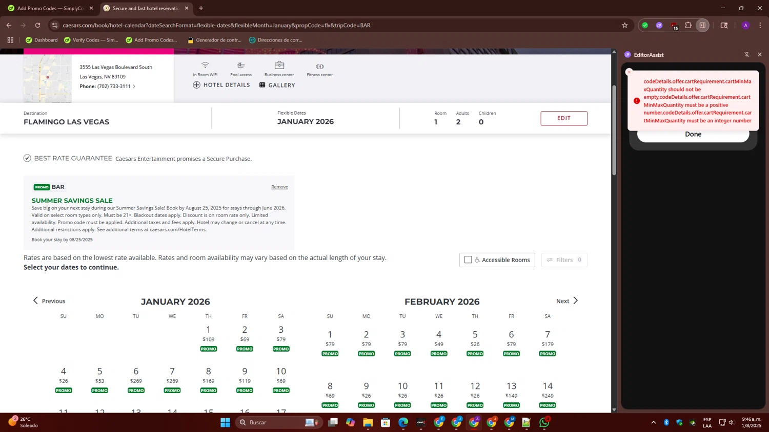 Caesars Rewards: Shows & Attractions promo code screenshot showing code BAR applied at Caesars Rewards: Shows & Attractions checkout page. Uploaded by SimplyCodes community member ThriftyGenius6699 on Aug 1, 2025