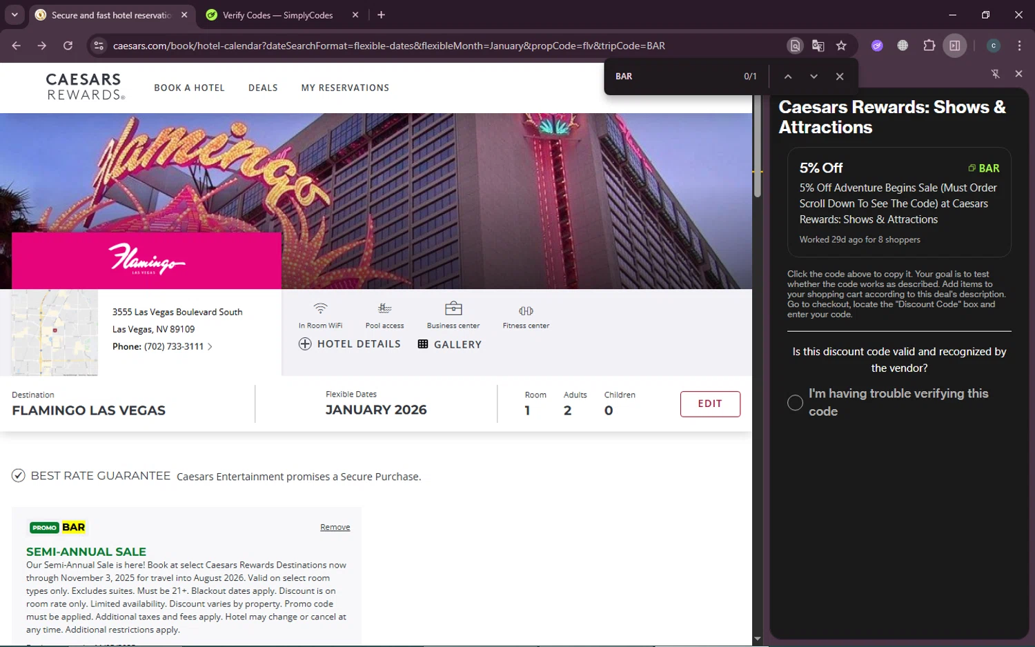 Caesars Rewards: Shows & Attractions promo code screenshot showing code BAR applied at Caesars Rewards: Shows & Attractions checkout page. Uploaded by SimplyCodes community member TokenTiger248 on Aug 30, 2025