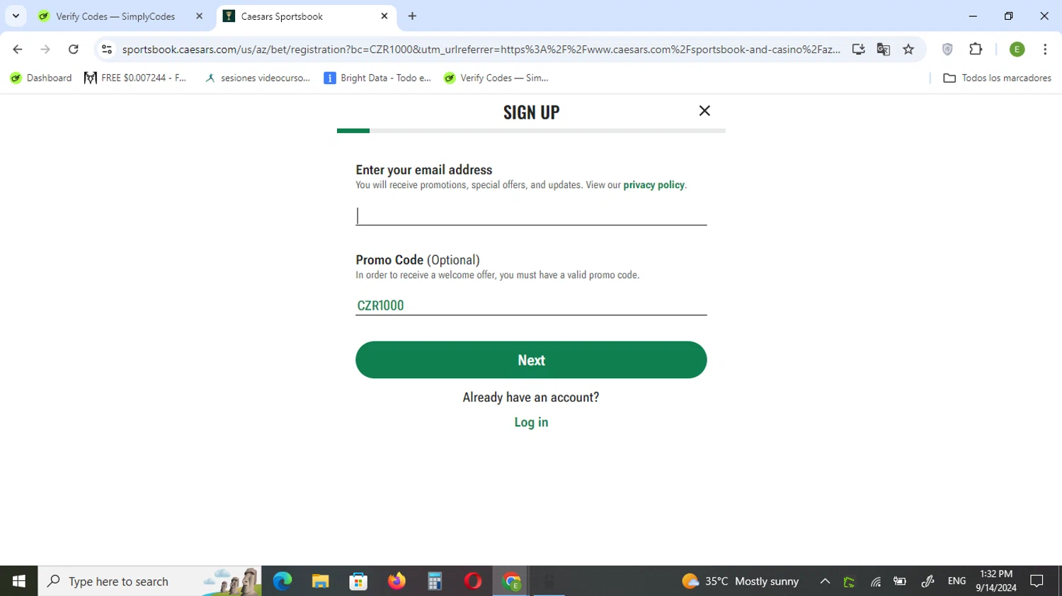 Caesars Sportsbook checkout page showing Caesars Sportsbook promo code box | Screenshot taken by SimplyCodes community member on Sep 14, 2024