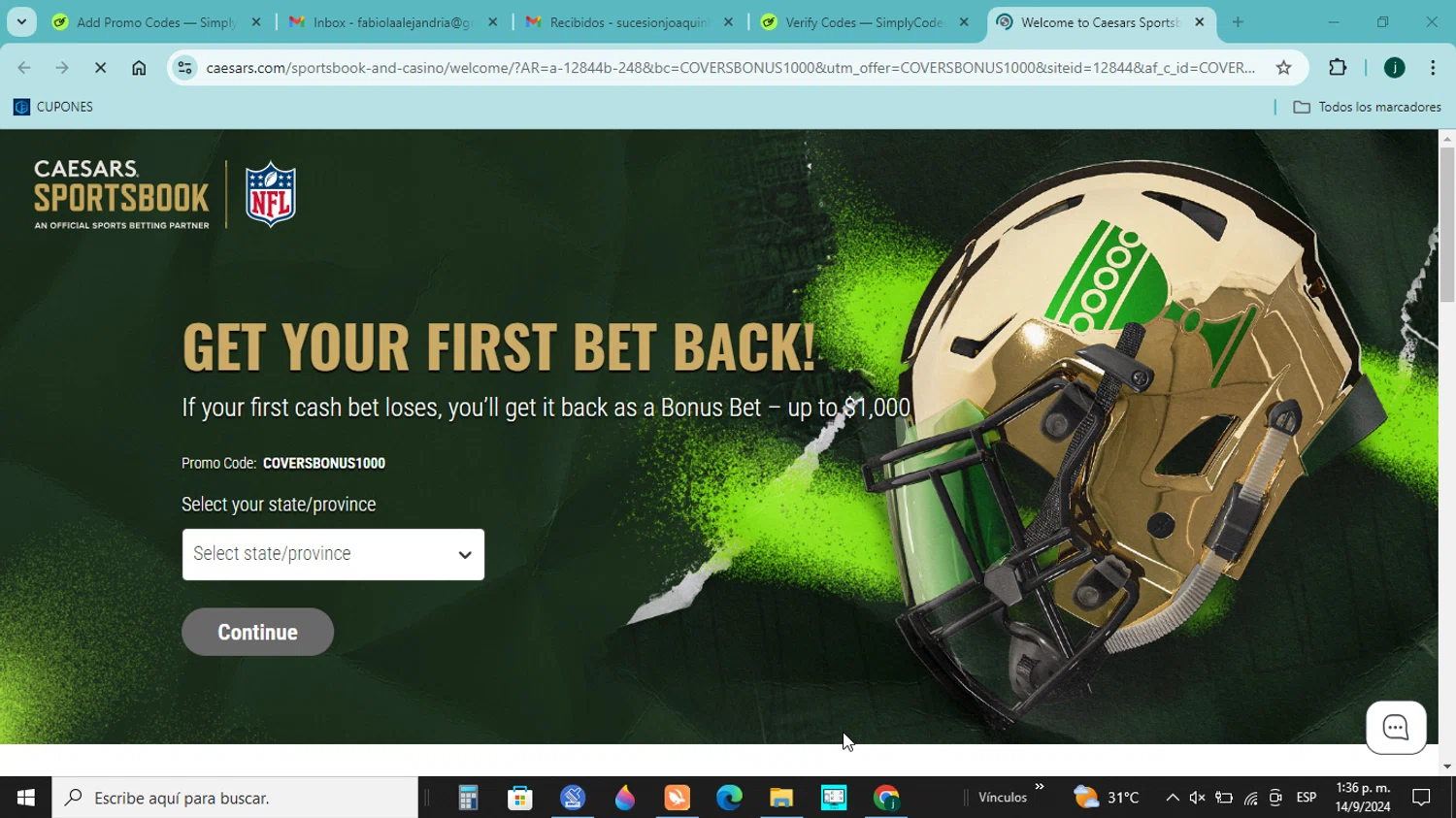 Caesars Sportsbook checkout page showing Caesars Sportsbook promo code box | Screenshot taken by SimplyCodes community member on Sep 14, 2024