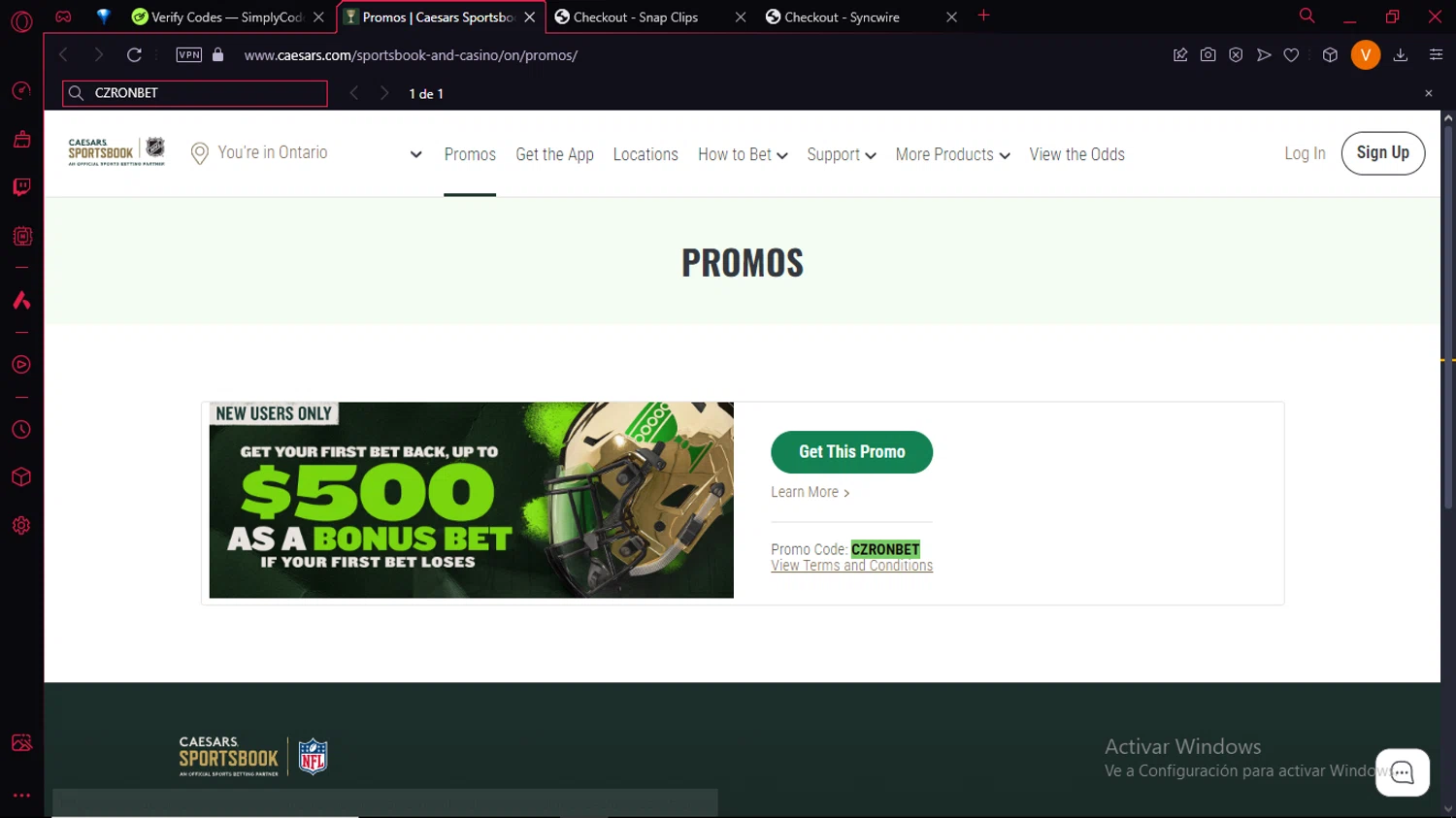 Caesars Sportsbook checkout page showing Caesars Sportsbook promo code box | Screenshot taken by SimplyCodes community member on Sep 15, 2024