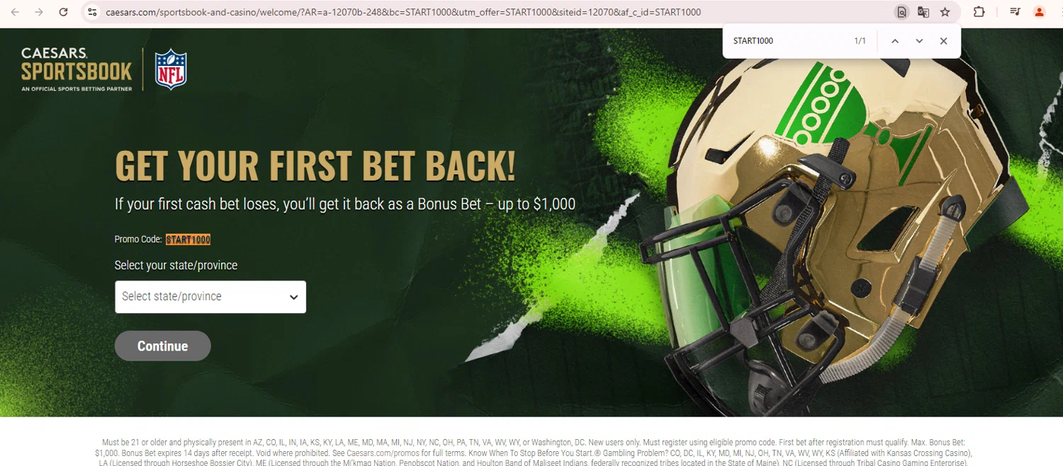 Caesars Sportsbook checkout page showing Caesars Sportsbook promo code box | Screenshot taken by SimplyCodes community member on Sep 14, 2024