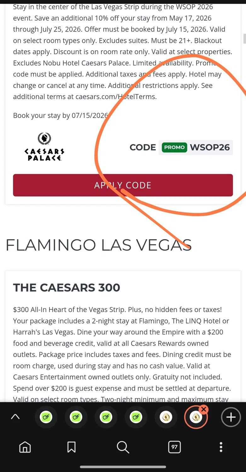 Caesars Sportsbook promo code screenshot showing code WSOP26 applied at Caesars Sportsbook checkout page. Uploaded by SimplyCodes community member Dejadepicharme on Jan 12, 2026