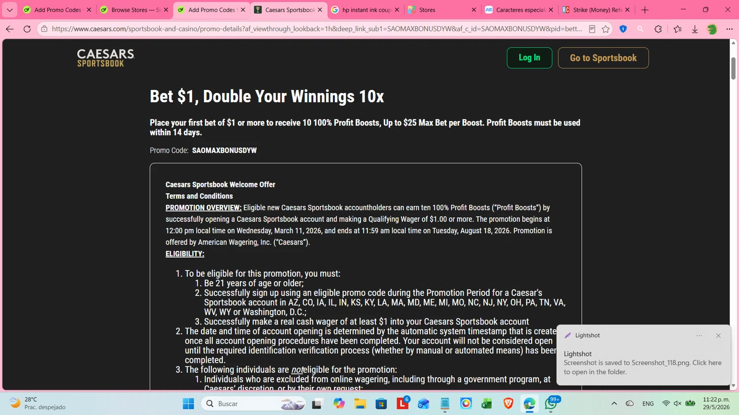 Caesars Sportsbook promo code screenshot showing code SAOMAXBONUSDYW applied at Caesars Sportsbook checkout page. Uploaded by SimplyCodes community member cosita on May 30, 2026