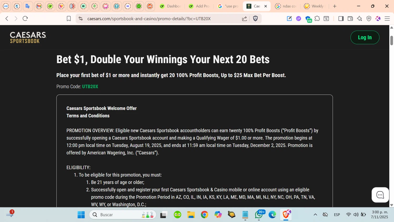 Caesars Sportsbook promo code screenshot showing code UTB20X applied at Caesars Sportsbook checkout page. Uploaded by SimplyCodes community member cosita on Nov 7, 2025