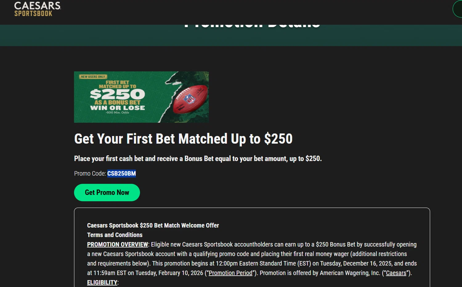 Caesars Sportsbook promo code screenshot showing code CSB250BM applied at Caesars Sportsbook checkout page. Uploaded by SimplyCodes community member josegarcia6 on Dec 28, 2025