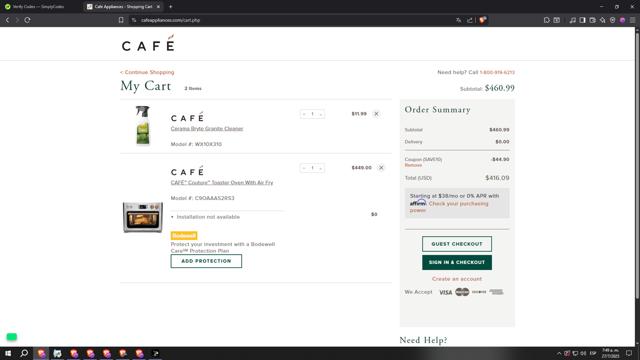 Cafe Appliances checkout page showing Cafe Appliances coupon code box | Screenshot taken by SimplyCodes community member on Jul 27, 2025