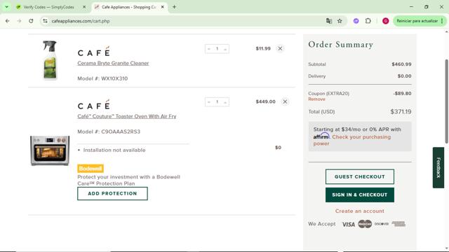 Cafe Appliances checkout page showing Cafe Appliances coupon code box | Screenshot taken by SimplyCodes community member on Jun 11, 2025