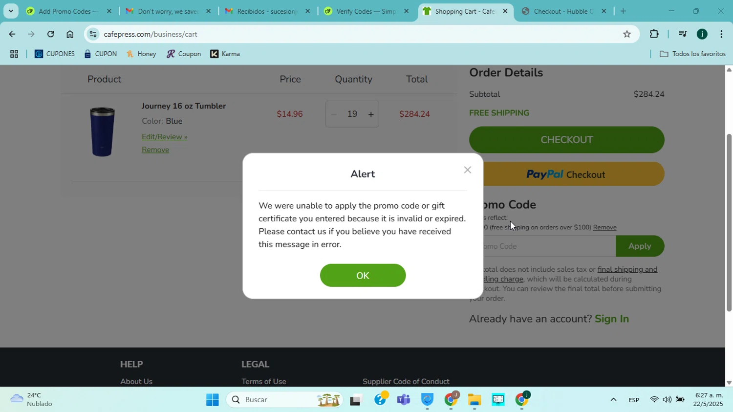 CafePress promo code screenshot showing code FREESHIP75 applied at CafePress checkout page. Uploaded by SimplyCodes community member jorgejavierherrera on May 22, 2025
