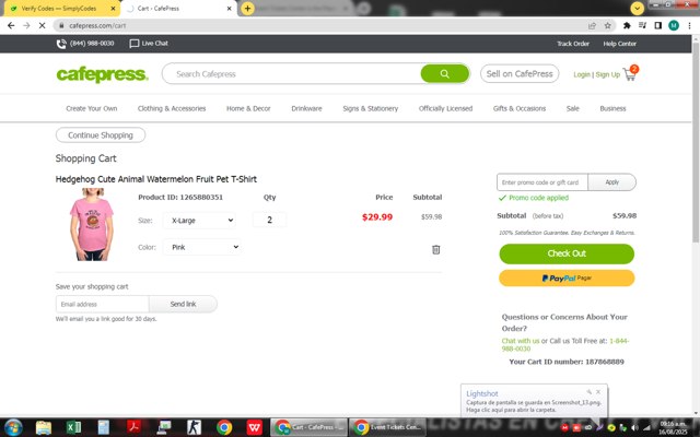 CafePress checkout page showing CafePress promo code box | Screenshot taken by SimplyCodes community member on Aug 16, 2025