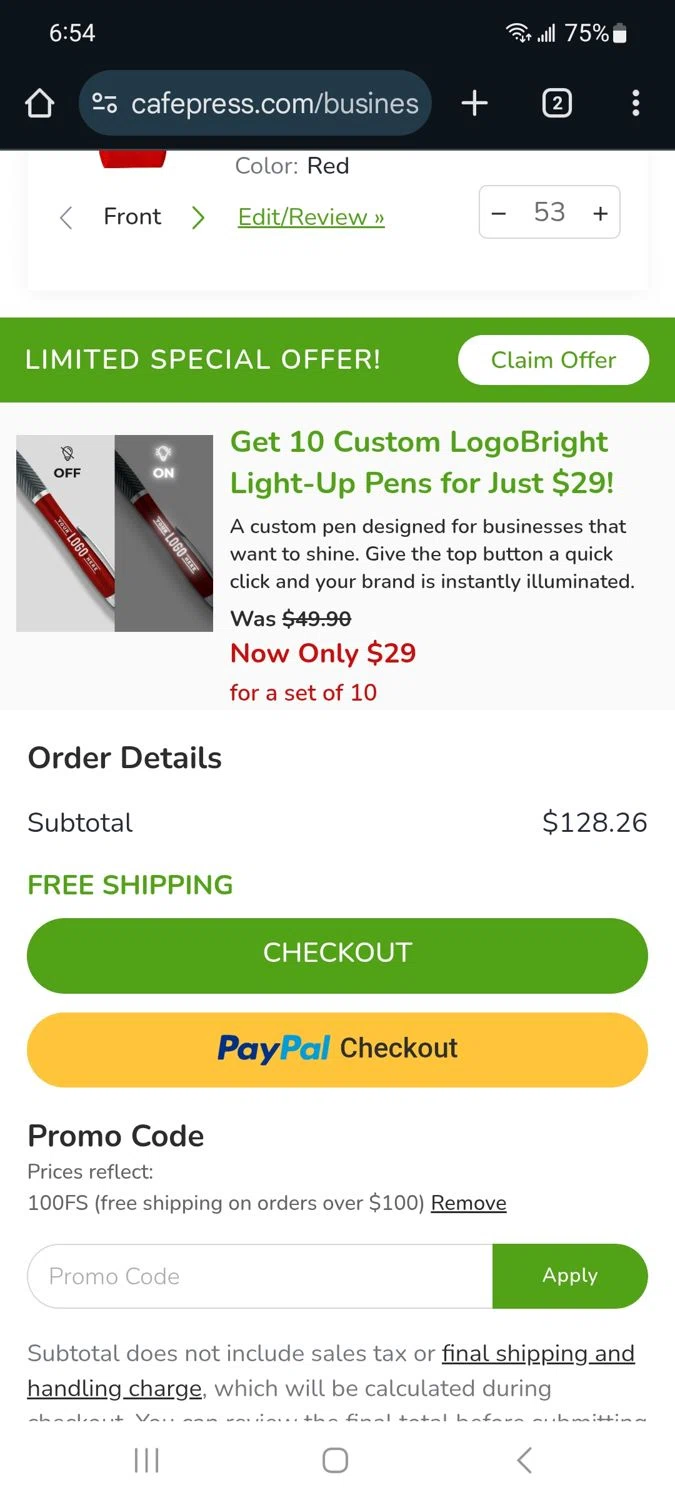 CafePress promo code screenshot showing code 100FS applied at CafePress checkout page. Uploaded by SimplyCodes community member Milaya on Aug 17, 2025
