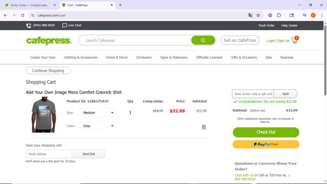 CafePress checkout page showing CafePress promo code box | Screenshot taken by SimplyCodes community member on Aug 19, 2025